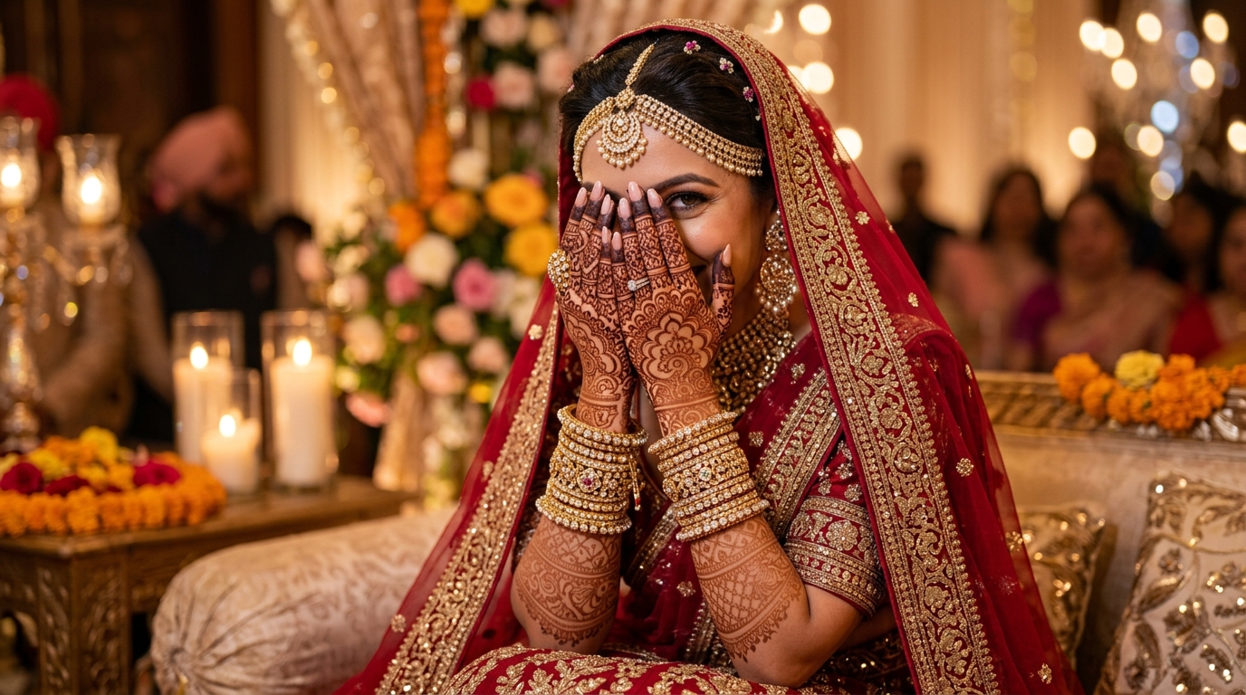 Indian Bride with Intricate Bridal Mehndi covering face