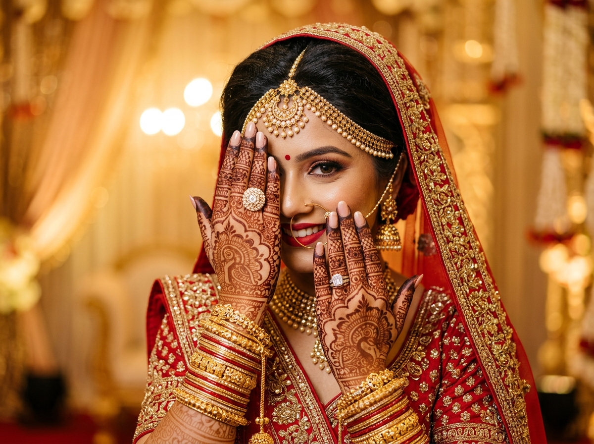 Custom Bridal Mehandi Designs with gold jewelry
