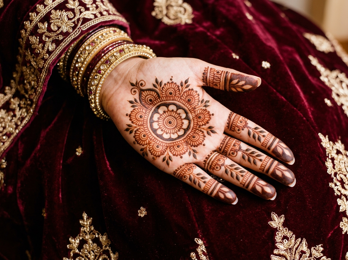 Intricate Henna Mandala Palm Design against velvet